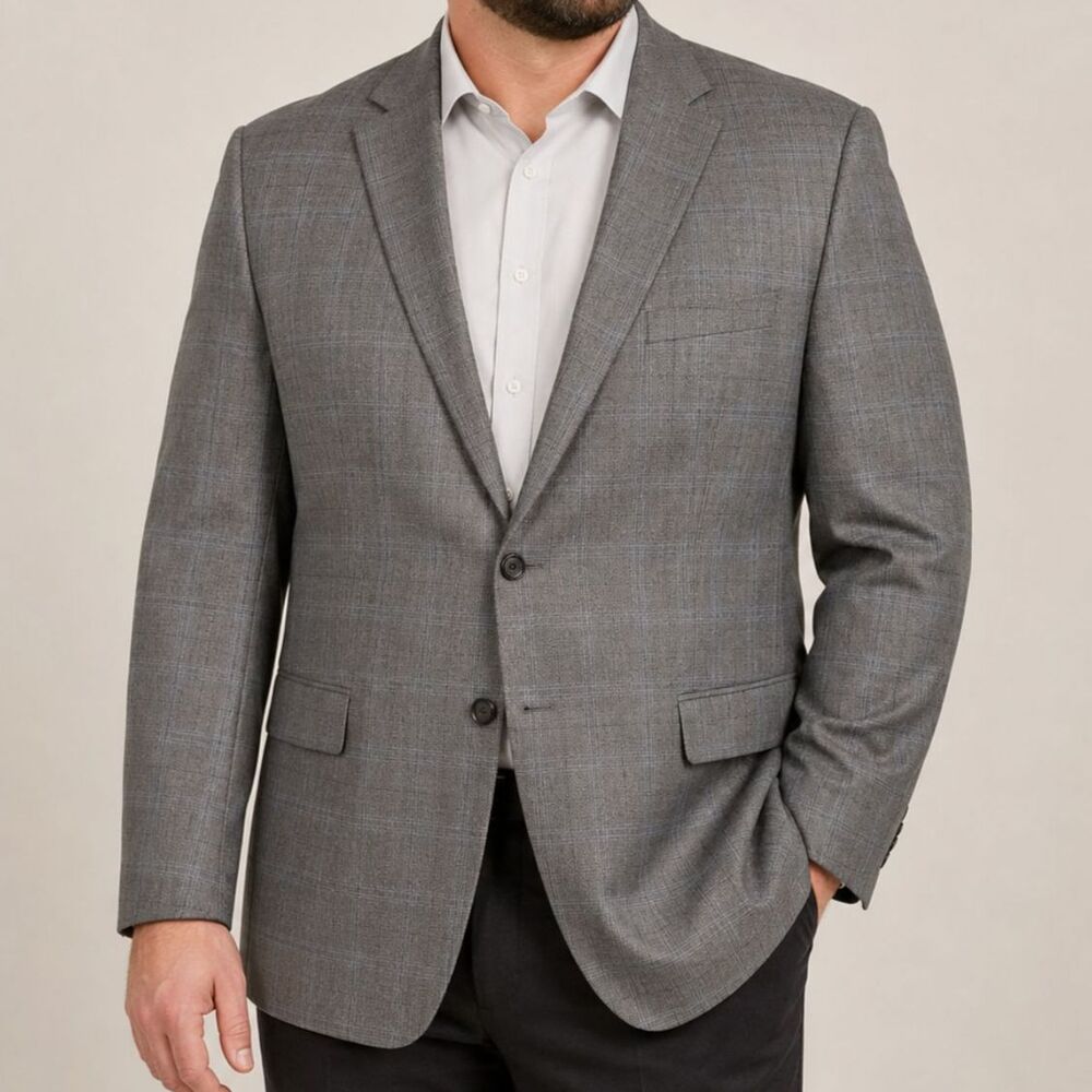 Lauren Ralph Lauren Silk Wool 46L Blazer Gray Blue Windowpane Plaid Sport Coat